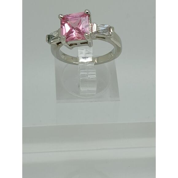 Size 10 3-Stone Gold GP Pink Princess Cut Sim Diamond CZ Engagement Ring Vintage - Picture 6 of 10